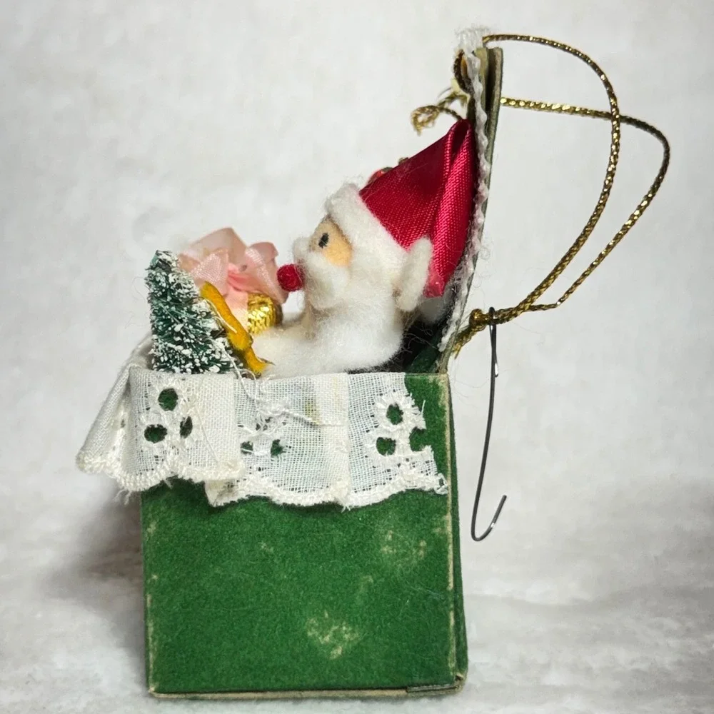 Russ Berrie Vintage Flocked Santa in Green Box Ornament Kitschy Holiday Felt